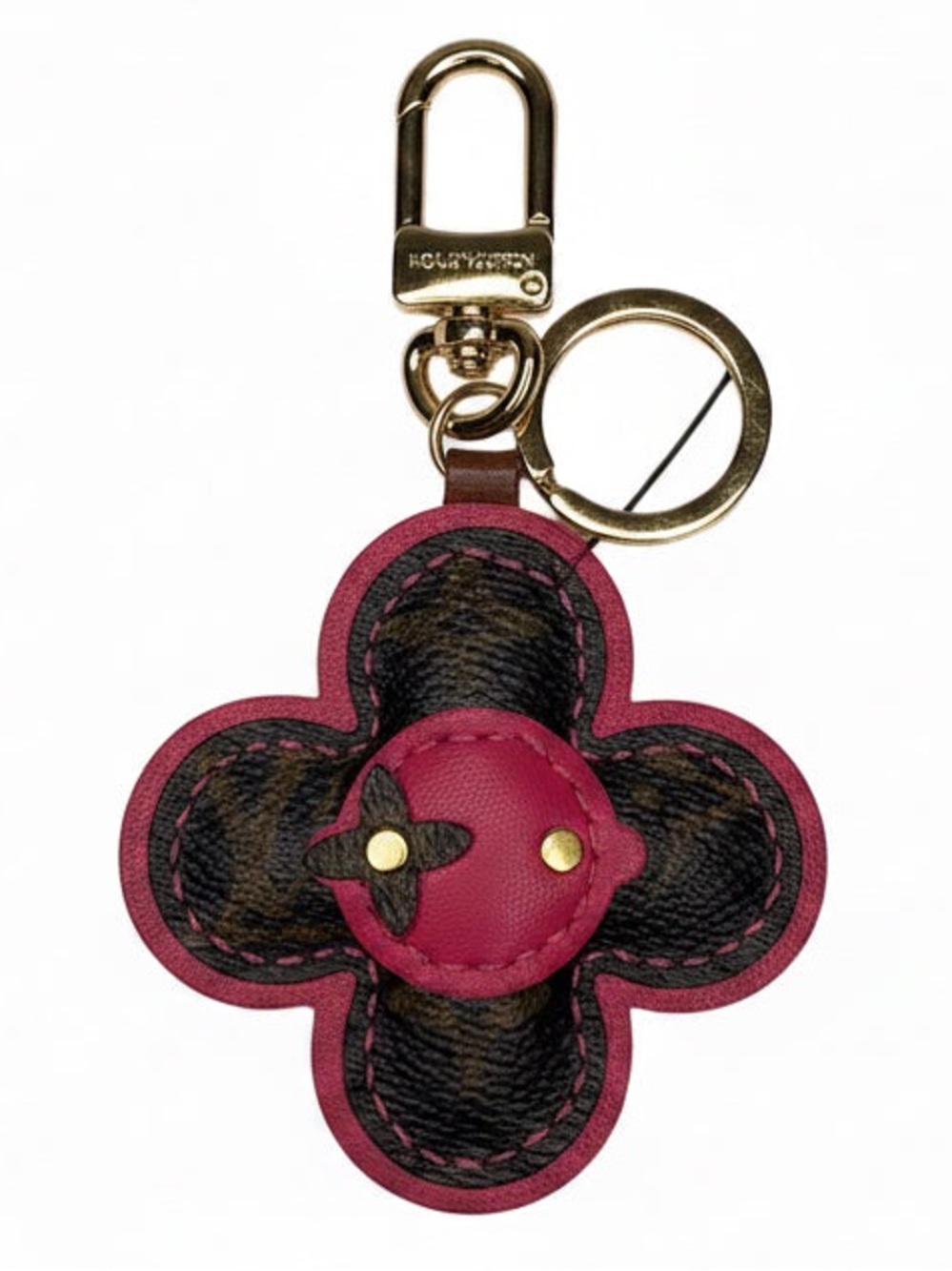 Upcycled Louis Vuitton Luxury Pink Leather Clover Keychain with Monogram Accent